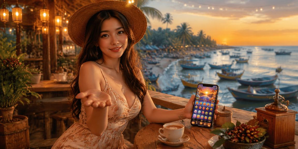 Người dùng Mũi Né trải nghiệm trò chơi casino mới trên điện thoại bên ly cà phê